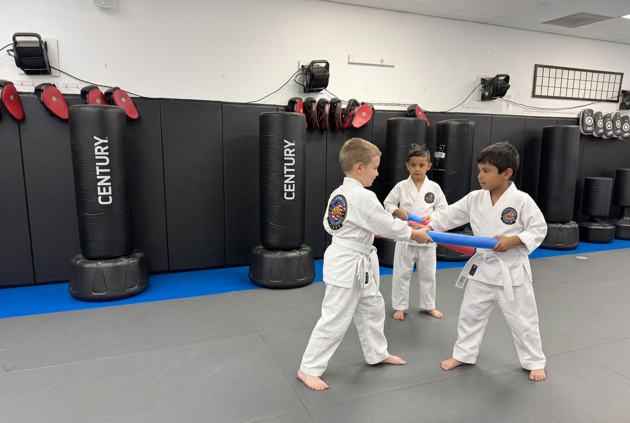 AI-created stock-style image of fictional children ages 5–6 in white gis with academy-logo patches