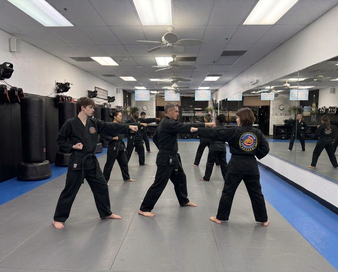 AI-generated illustration of fictional teen and adult learners practicing punches together in the reference-inspired dojo