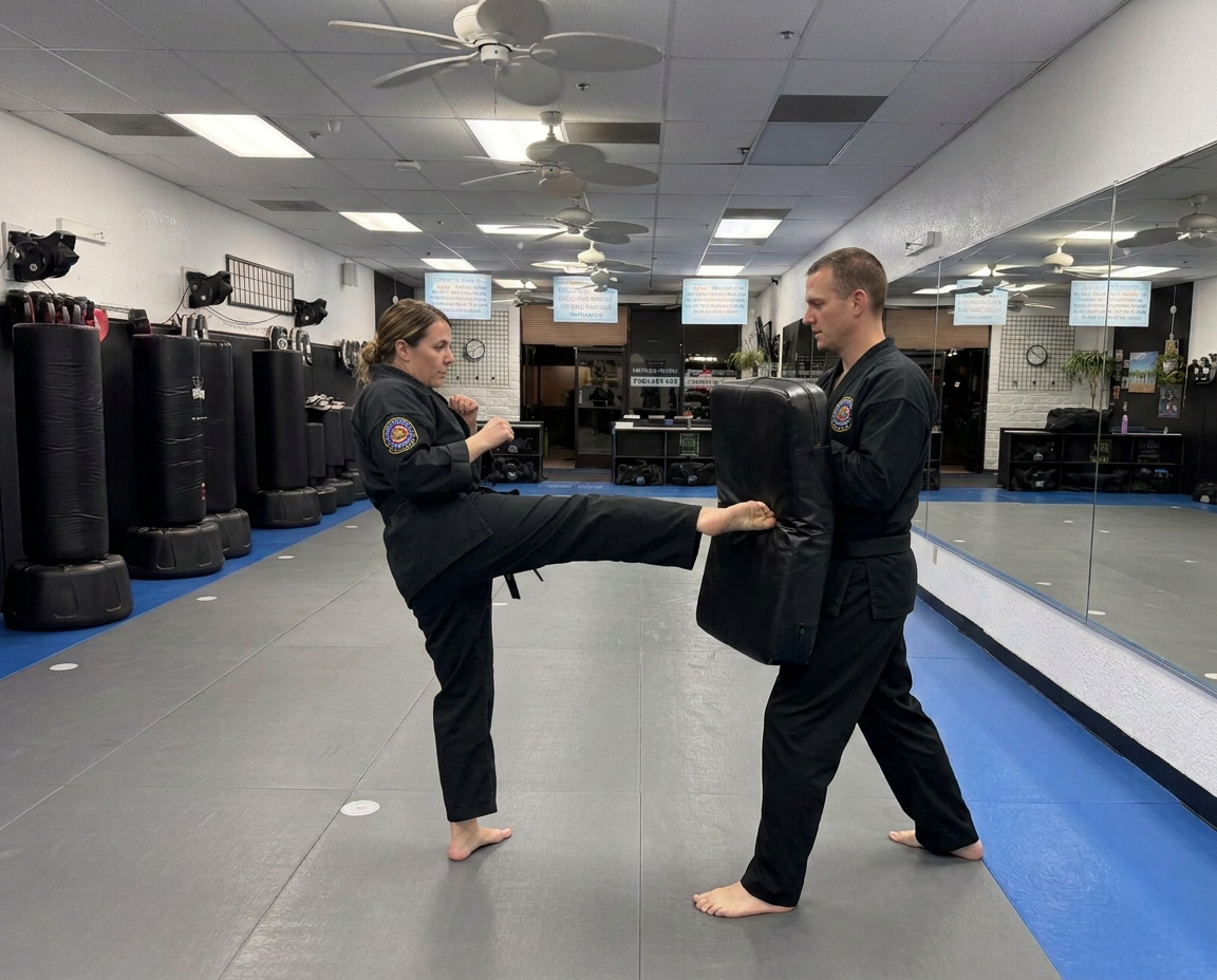 AI-generated illustration of two fictional adults practicing a controlled kick-shield drill in the reference-inspired dojo